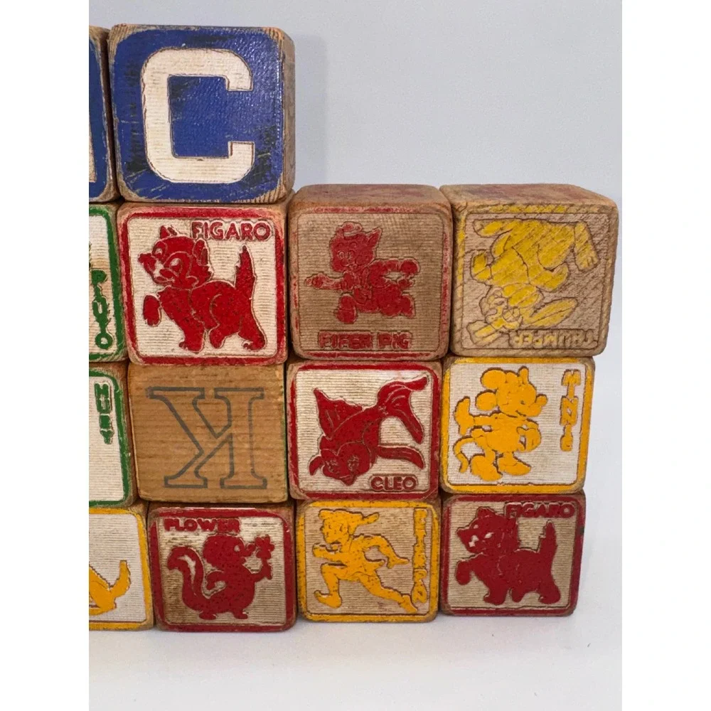 21 Vintage Wooden Alphabet Pictorial Blocks Disney Characters 1.8 Inch Nursery